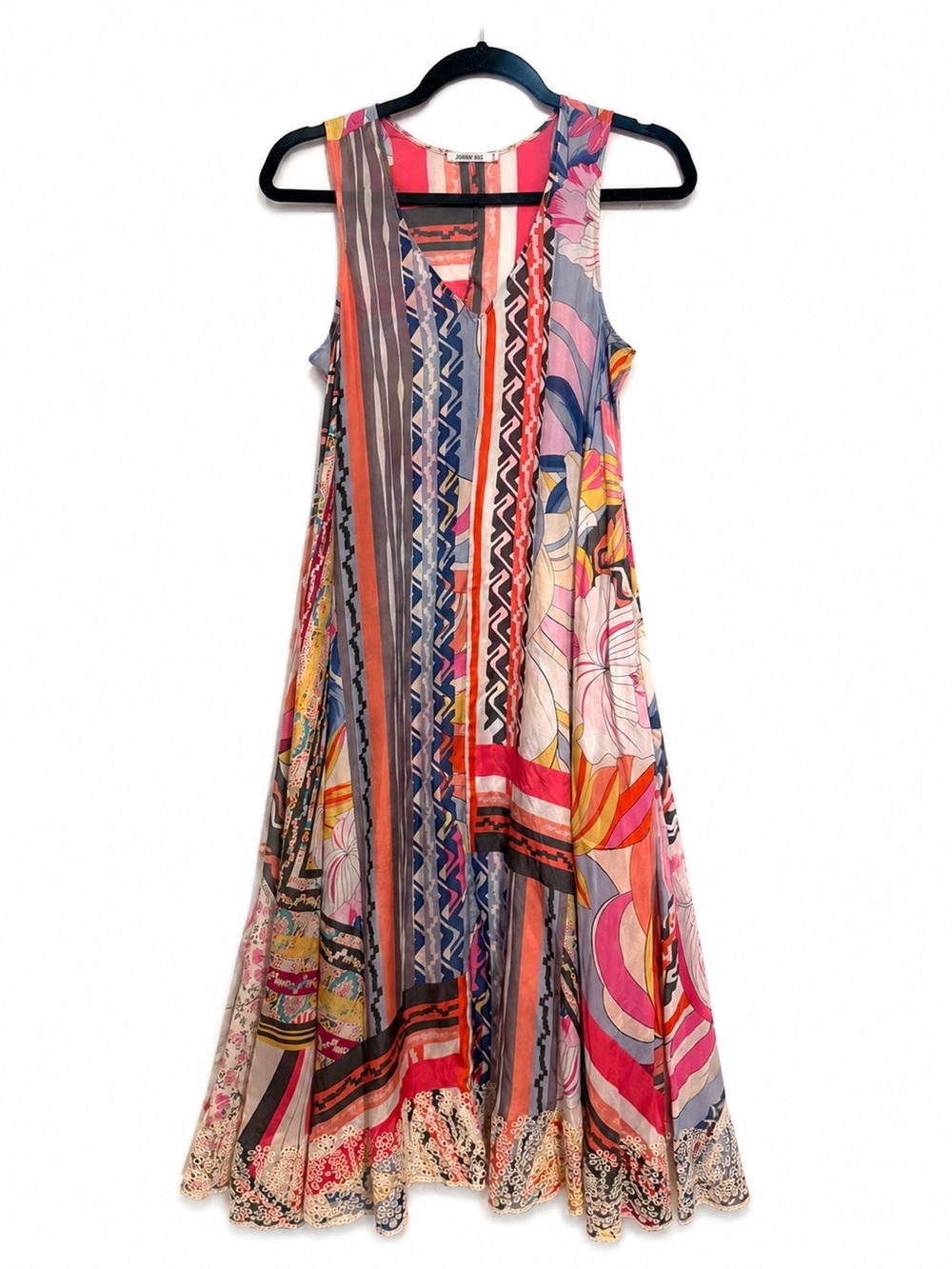 Johnny Was Silk Coral, Pink & Cream Striped Boho Top